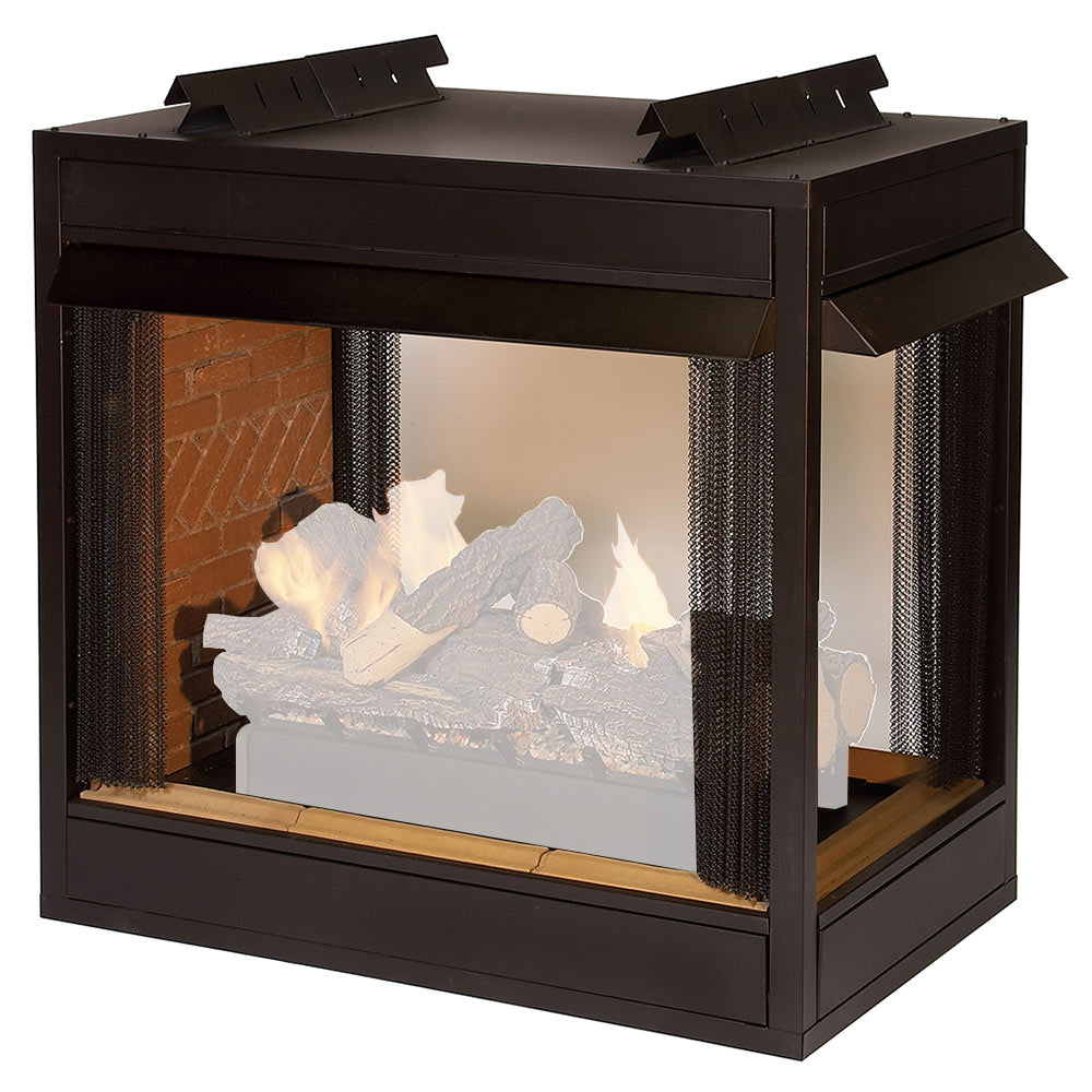 Dark metal ventless peninsula firebox with open front and simulated flame