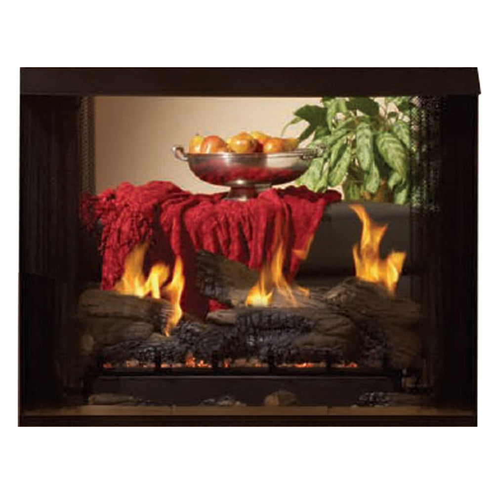 Ventless gas firebox with burning logs, stone grate, and visible flames