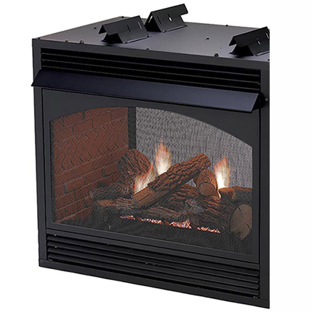 Ventless fireplace with black surround and arched glass, burning logs behind brick liner