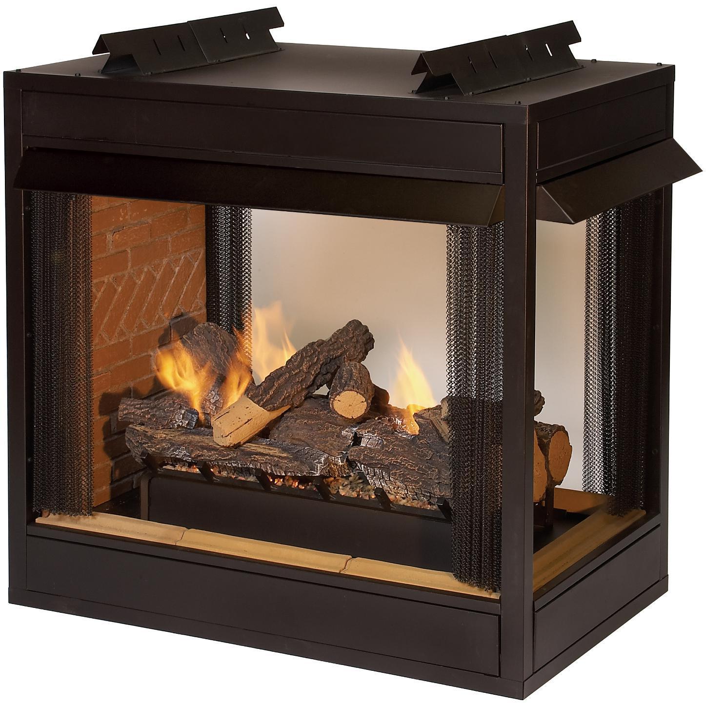 Black ventless gas firebox with mesh sides and burning log set inside, peninsula model