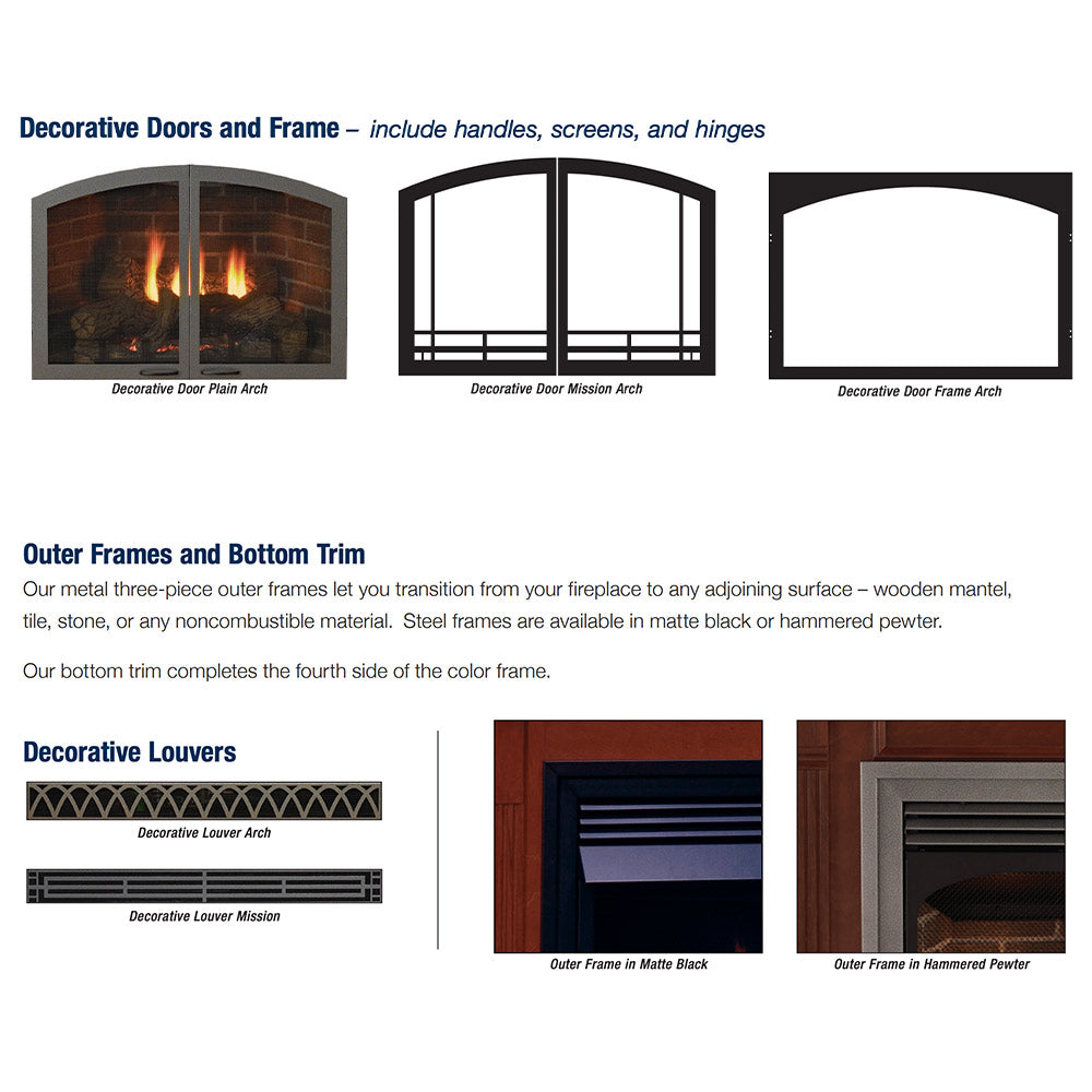 Decorative fireplace door and frame option diagrams with arch styles