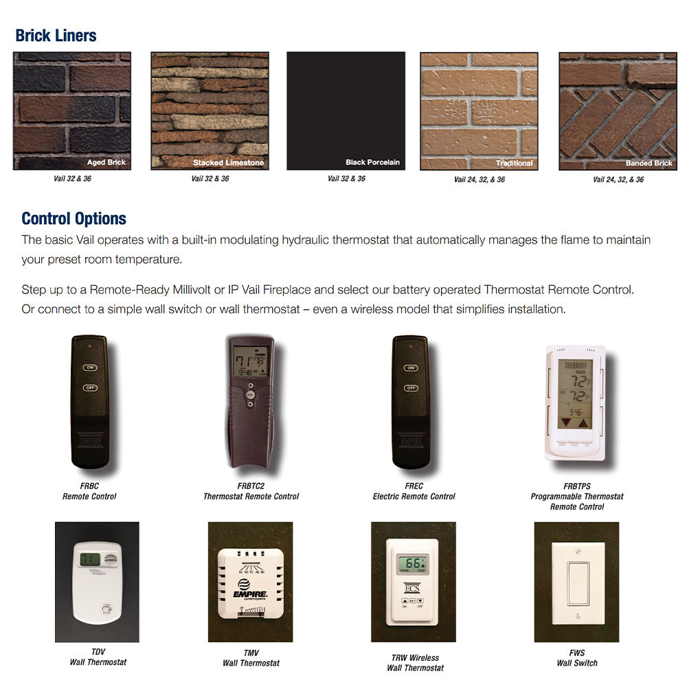 Fireplace brick liner samples and thermostat remote control option diagrams