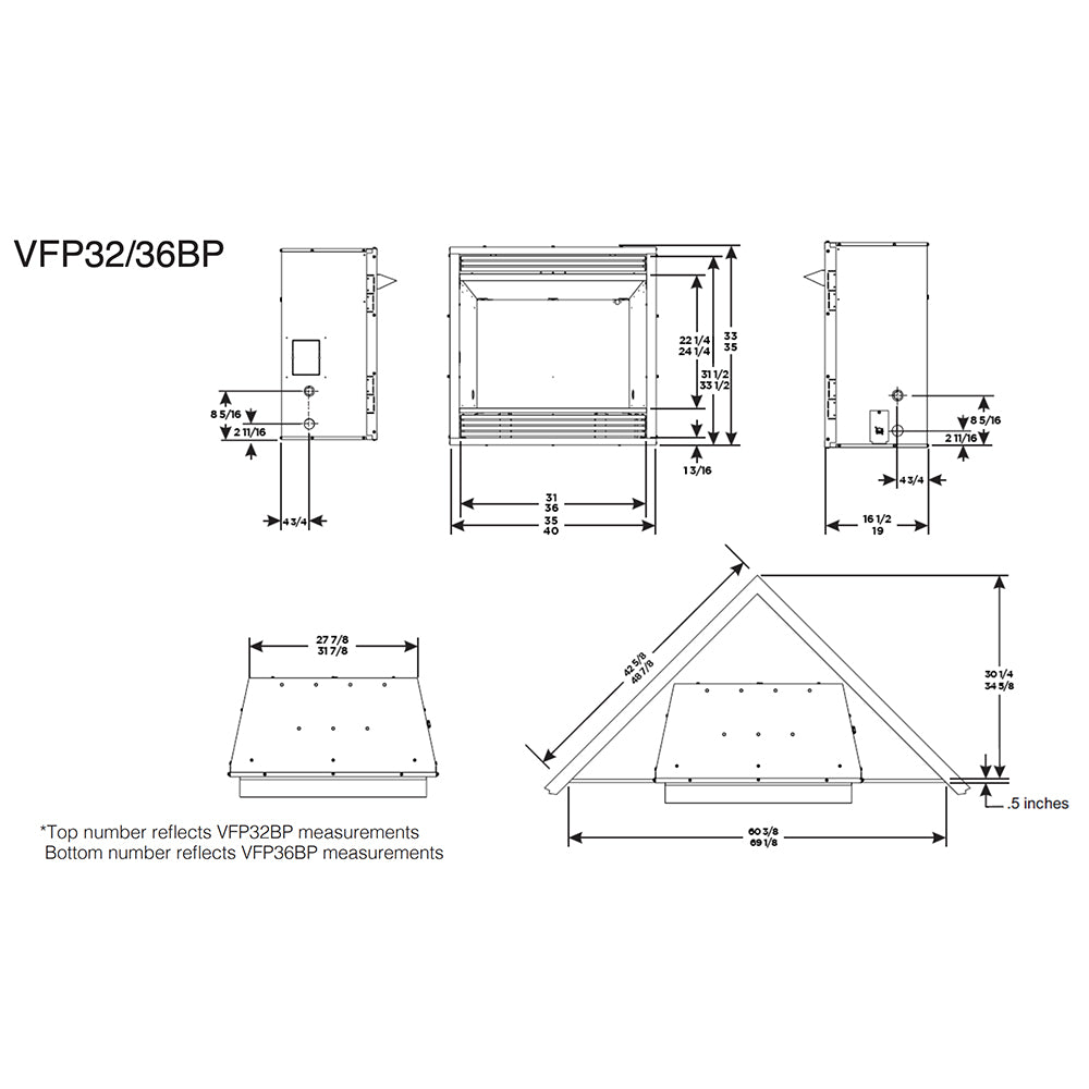 Fireplace insert dimension diagram with labeled measurements and clearances