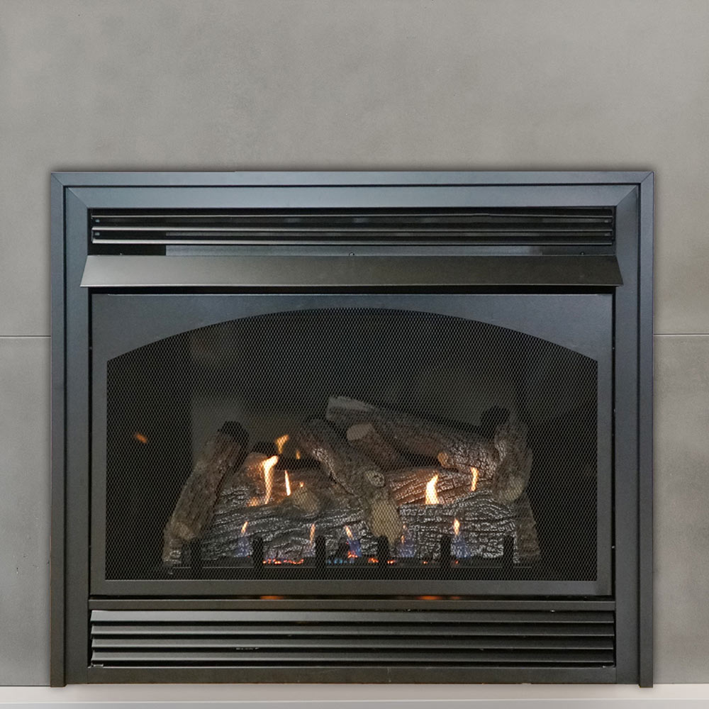 Ventless fireplace with log set and black mesh screen, glowing flames inside framed unit