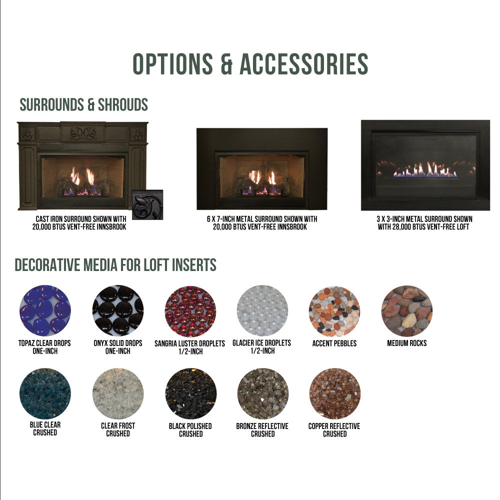 Ventless fireplace insert options and accessories chart with surround sizes and decorative media