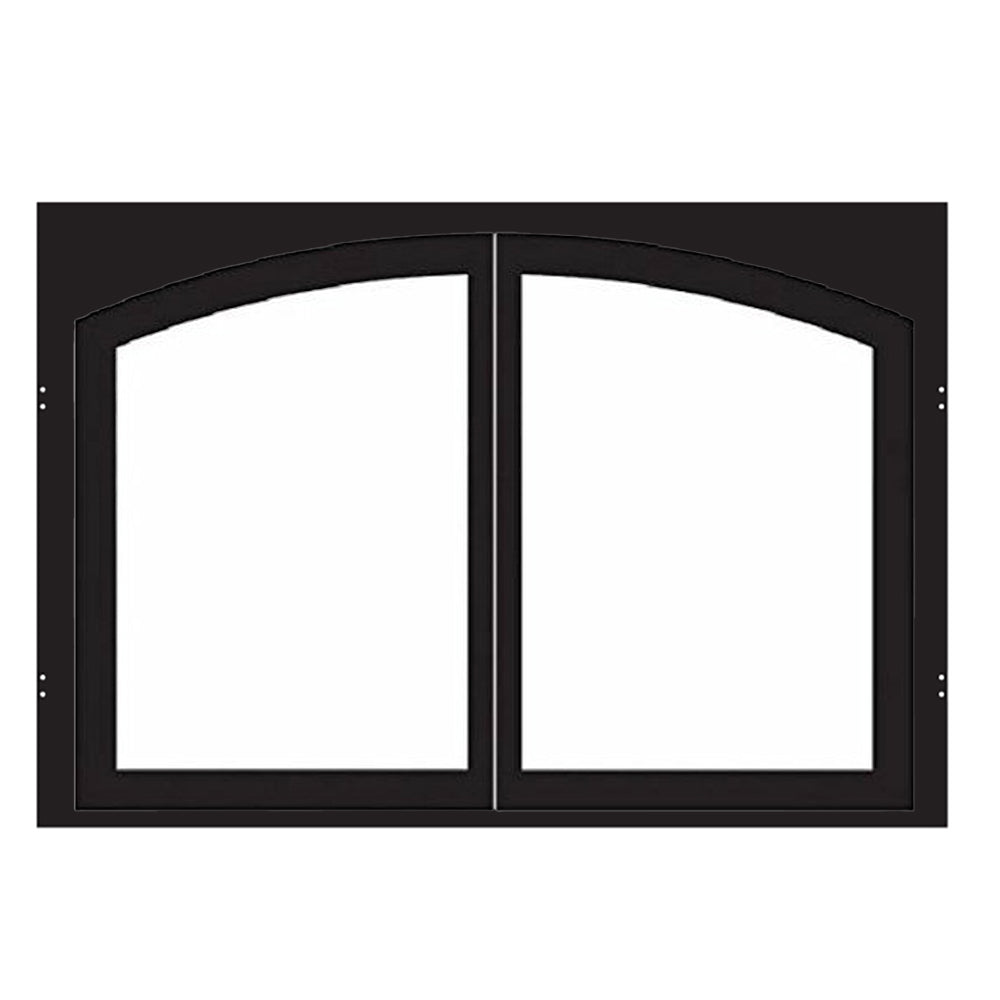 Black arched decorative fireplace doors with two plain glass panels