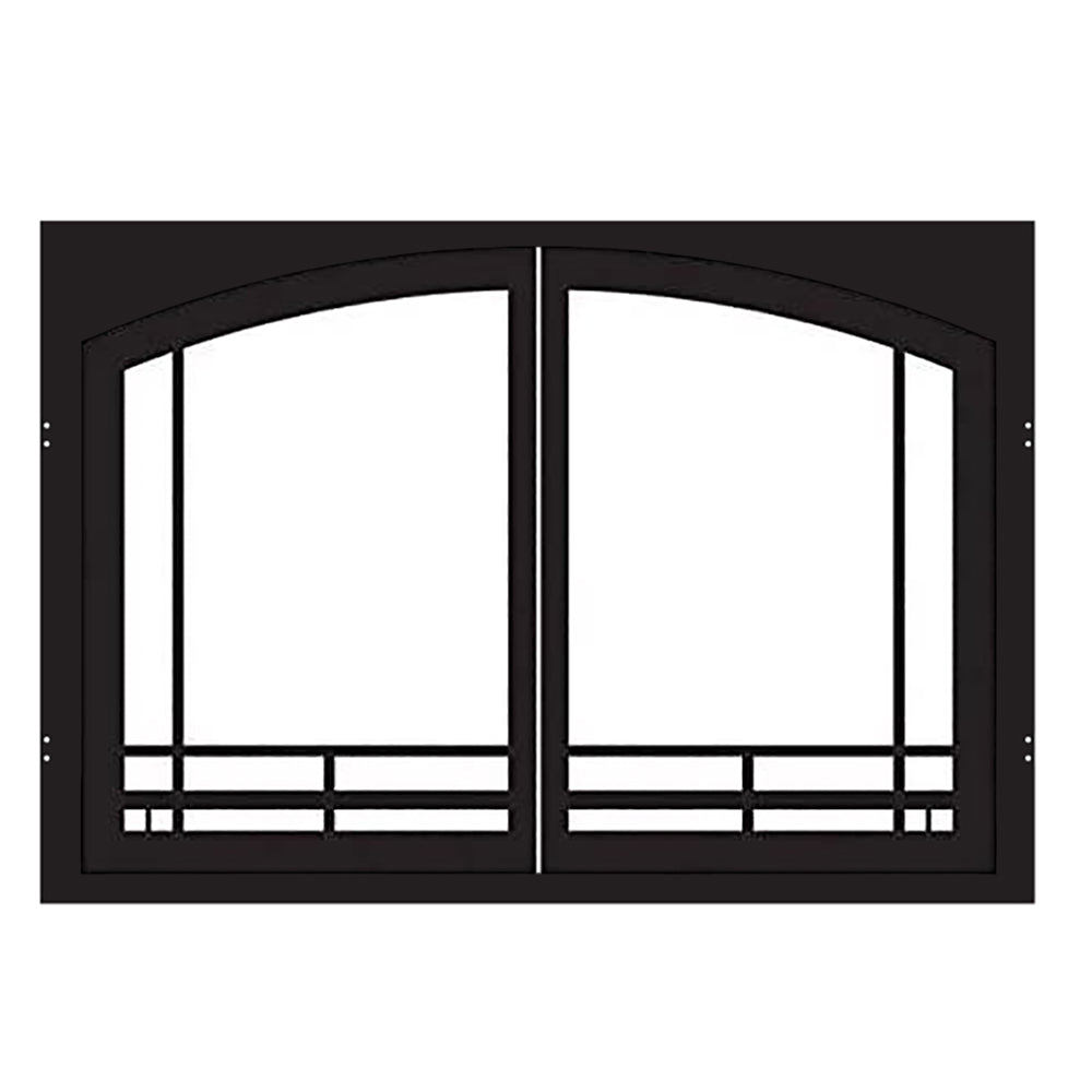 Decorative arched firebox doors with two glass panels and black grid accents