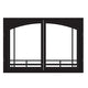 Decorative arched firebox doors with two glass panels and black grid accents