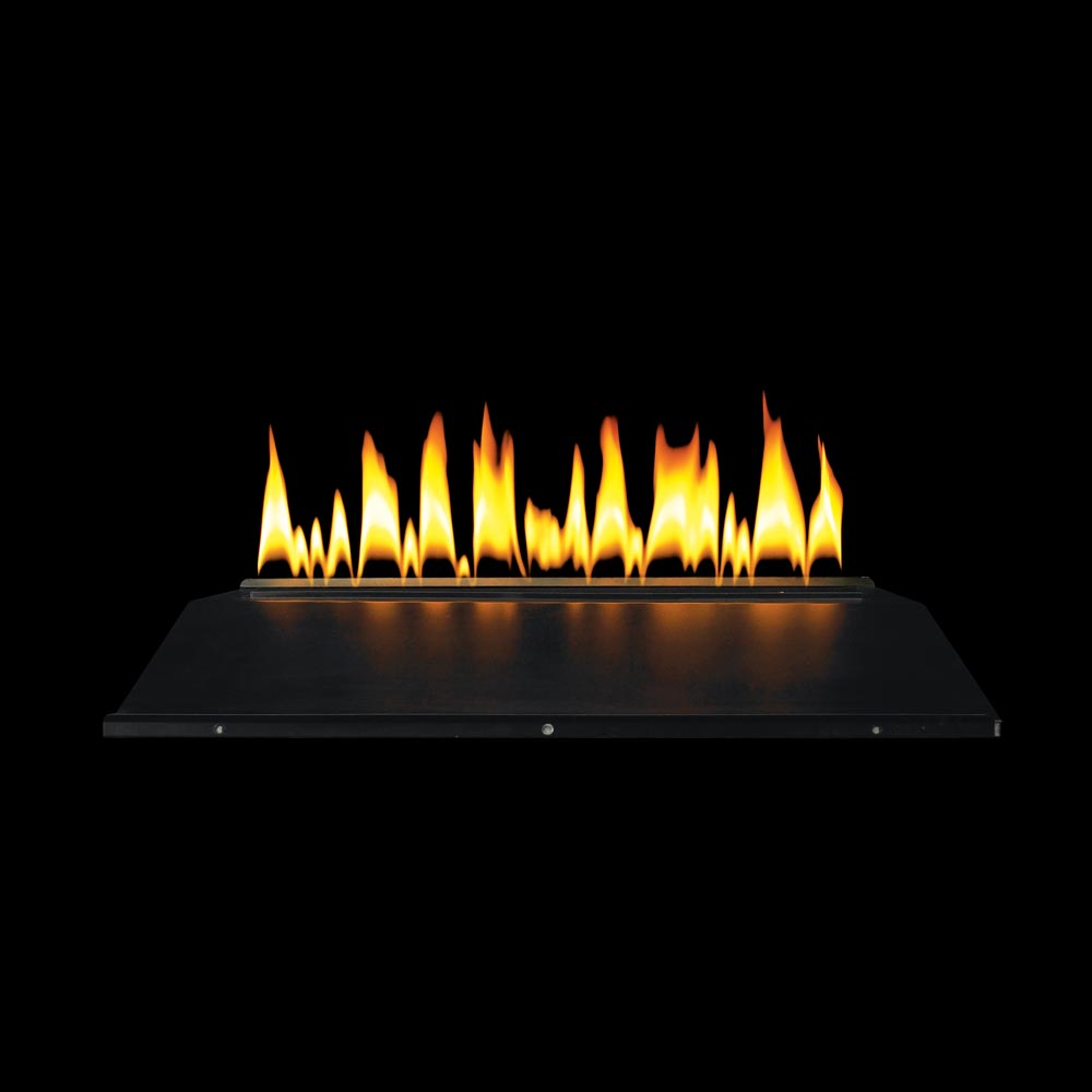 Ventless gas burner with visible flames in black firebox