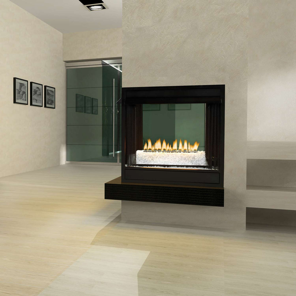 Black ventless fireplace with glass front and visible gas burner flames