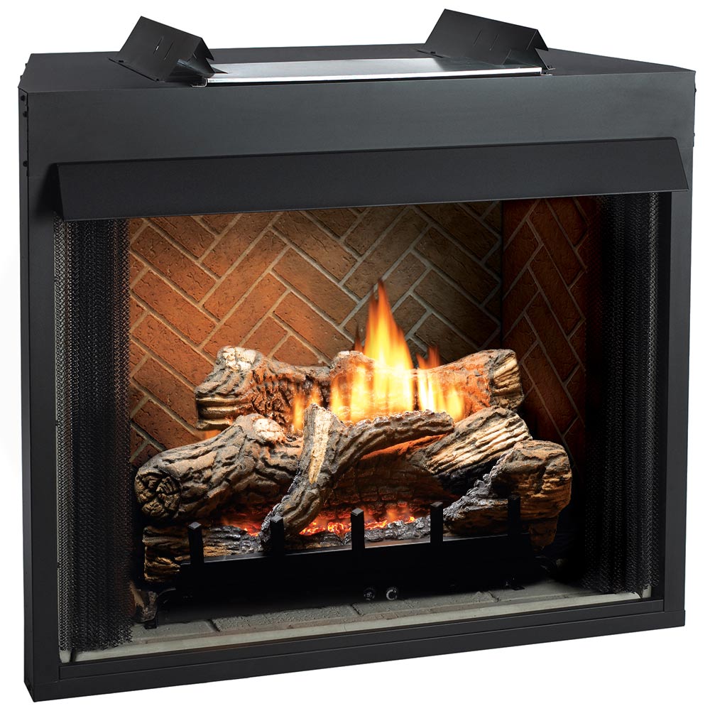 Black ventless firebox with arched screen, burning logs, faux brick interior