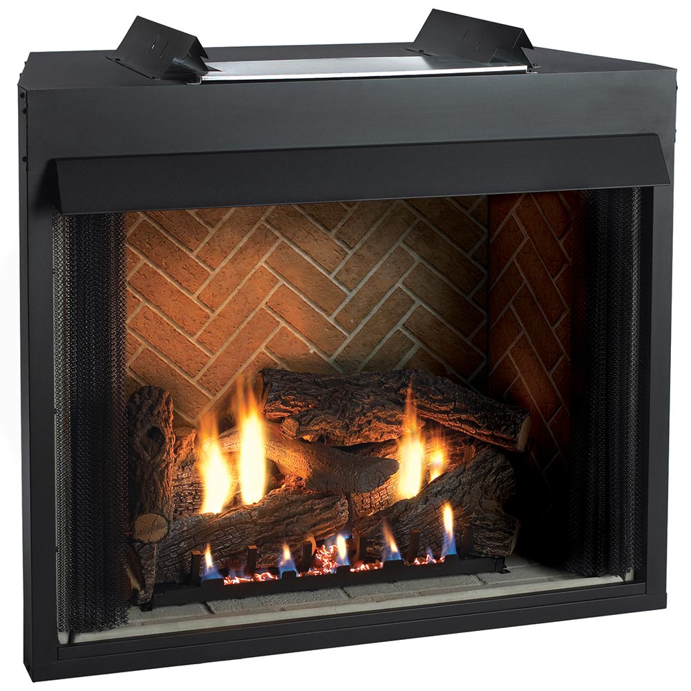 42-inch ventless gas firebox with glass front and burning gas log set, black frame