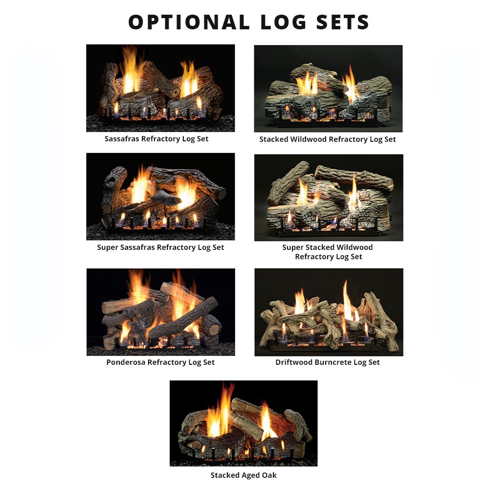 Optional refractory log set styles for ventless gas firebox, showing multiple burning scenes