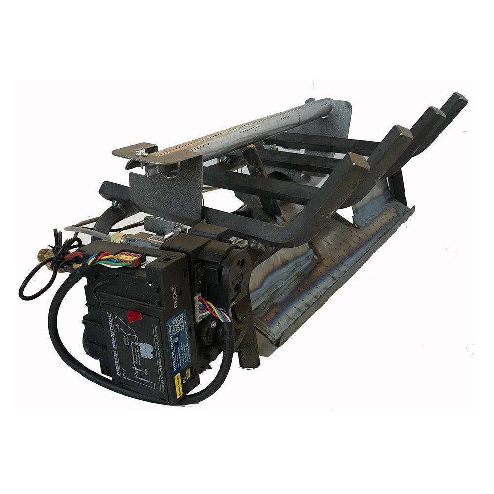 Vent-free burner system with metal frame, electronic control box, hoses, and wiring