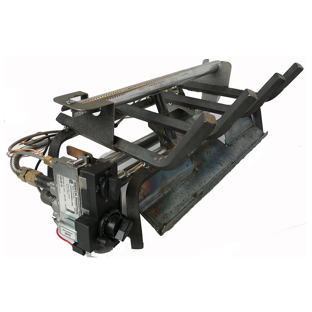 Vent-free gas burner system with black control box and metal frame, variable flame valves