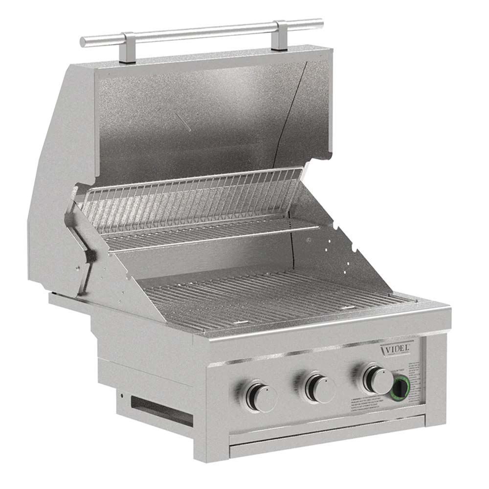 Built-in 3-burner gas grill with open hood, stainless interior, and control knobs