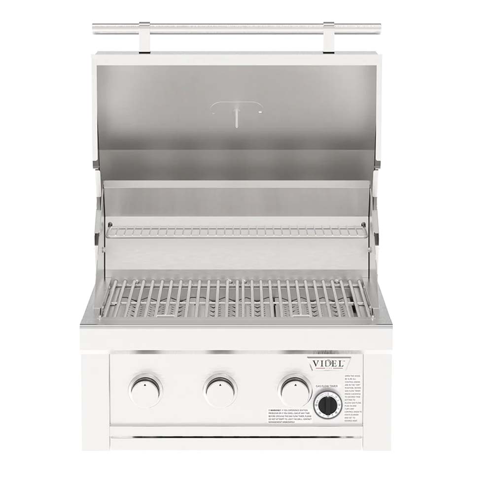Built-in 3-burner gas grill with open hood and cooking grates, stainless steel front
