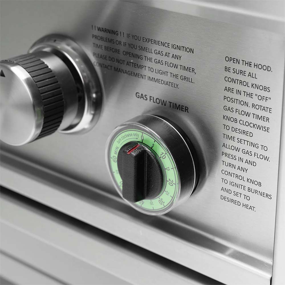 Gas grill flow timer knob with green gauge and control panel markings