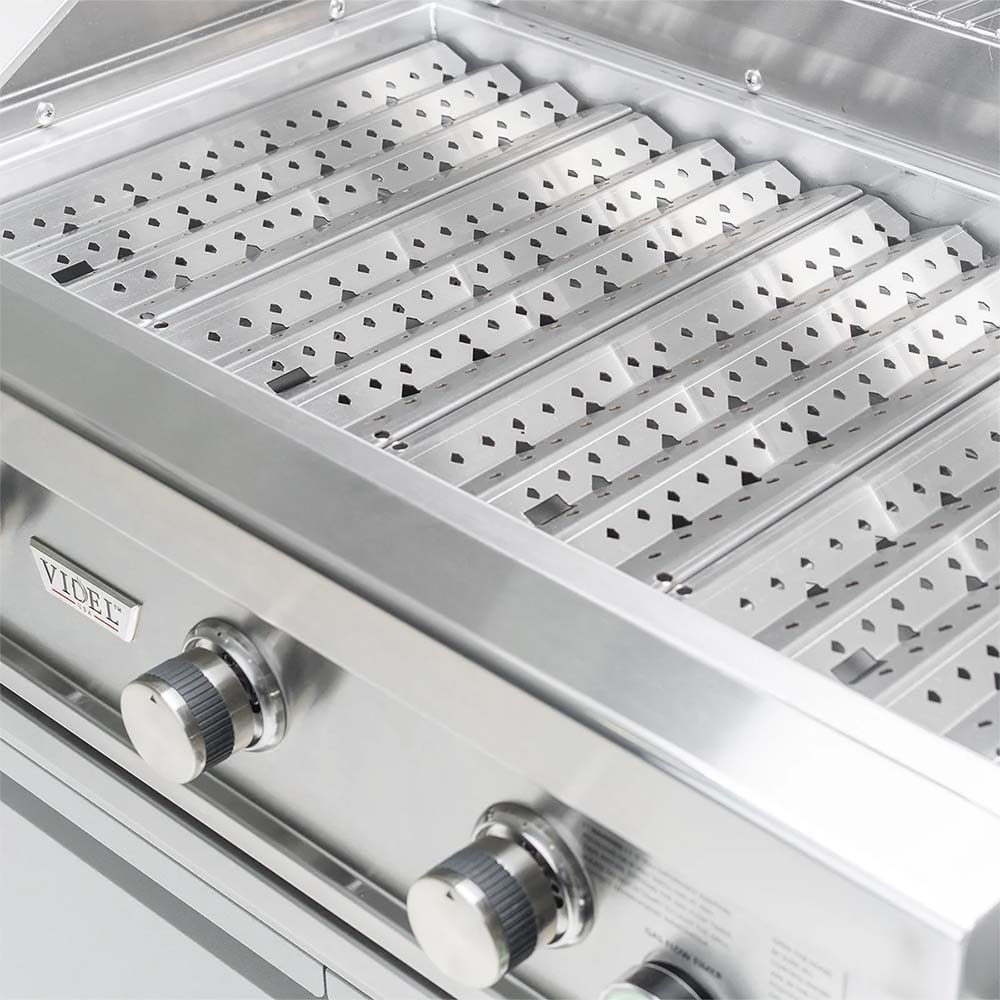 Built-in 3-burner gas grill stainless burner bars with heat plates inside firebox