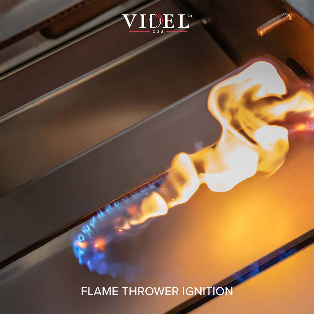 3-burner gas grill with active flame through ignition, hood open