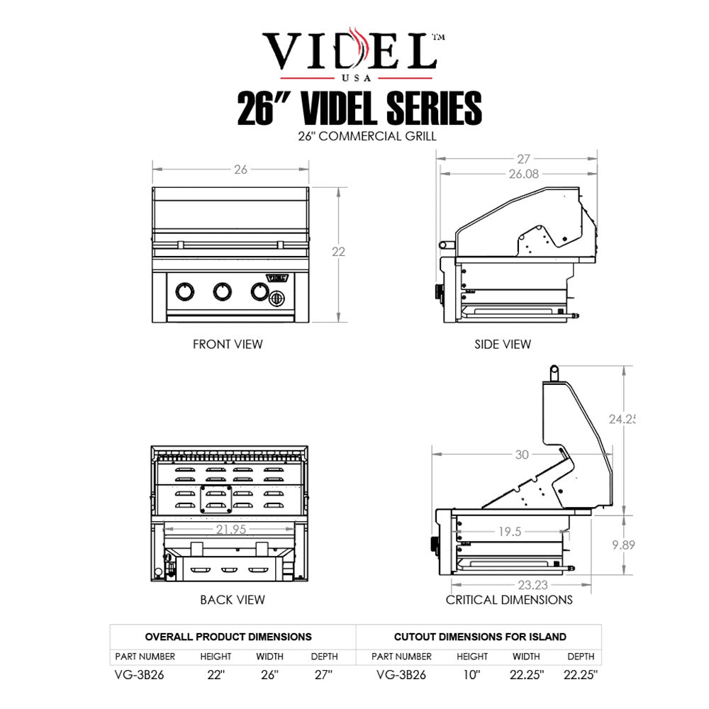 Videl 26-inch built-in 3-burner gas grill dimensions diagram with cutout sizes