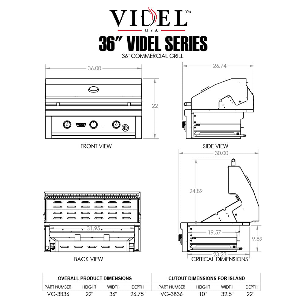 36-inch commercial gas grill dimension diagram with front, side, and back views
