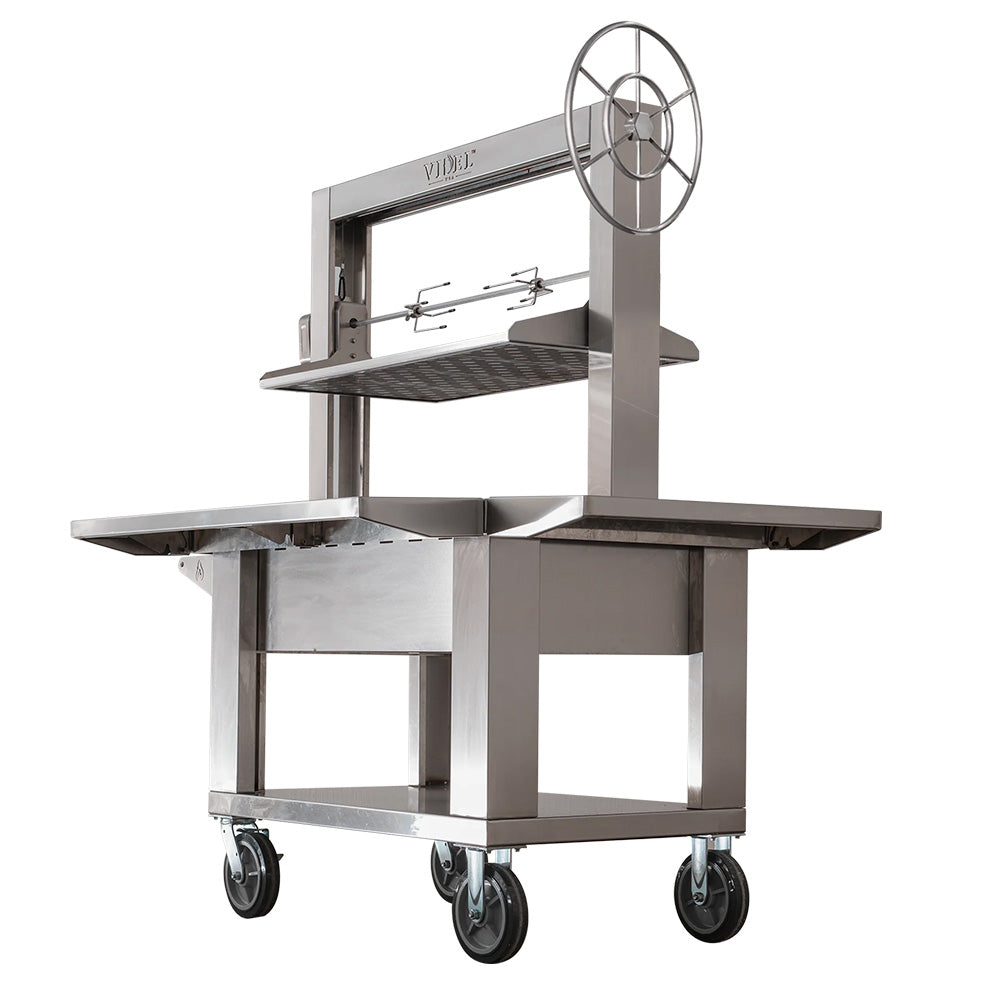 Freestanding stainless steel grill cart with side shelves and round heat-vent wheel