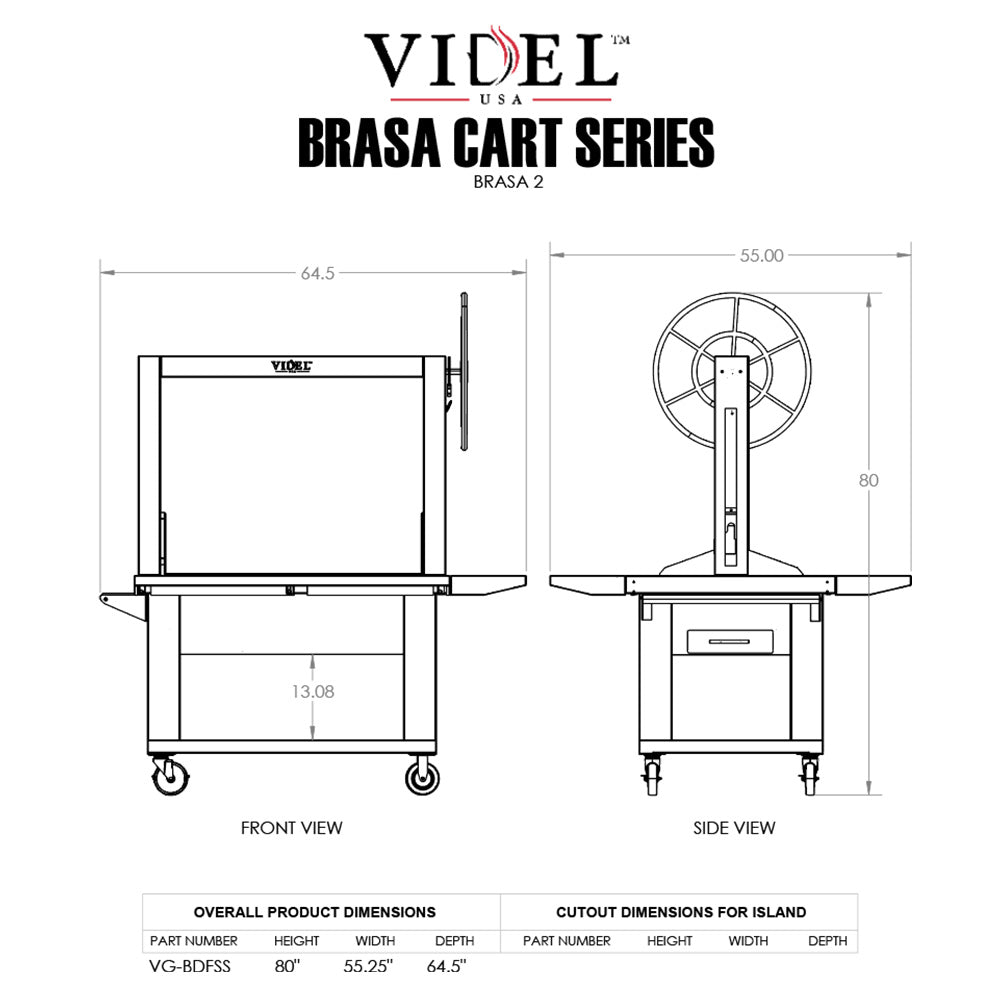 Stainless steel grill dimension diagram with front and side views