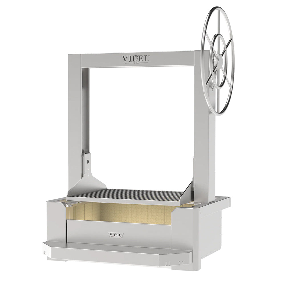 Stainless steel drop-in grill with open firebox and circular crank handle
