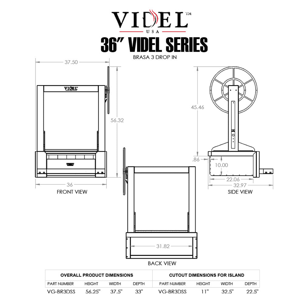 36-inch drop-in grill cutaway with side and front dimension diagram