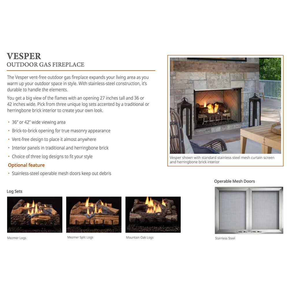 Outdoor gas fireplace brochure page with firebox photo and operable mesh doors