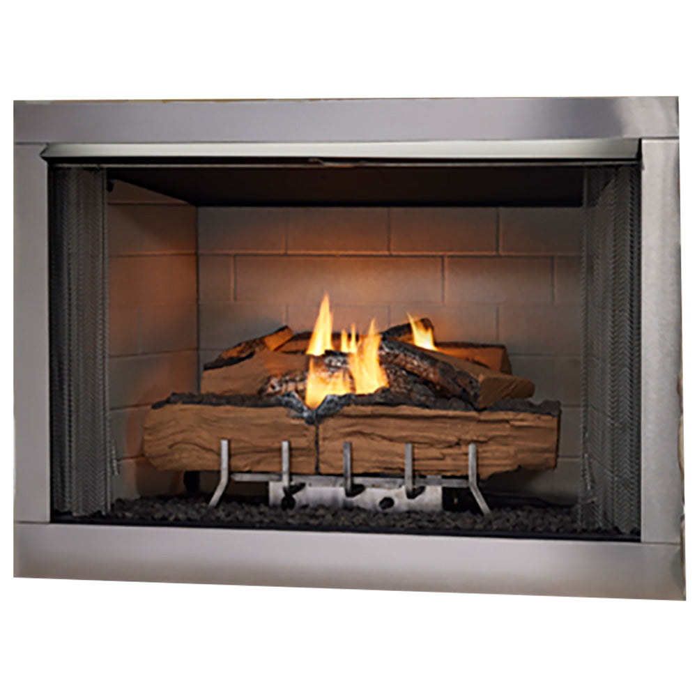 Outdoor gas fireplace with glowing logs and front metal surround, open flame