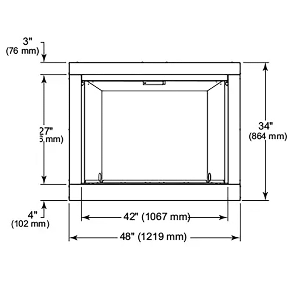 42-inch outdoor gas fireplace dimensioned front elevation diagram