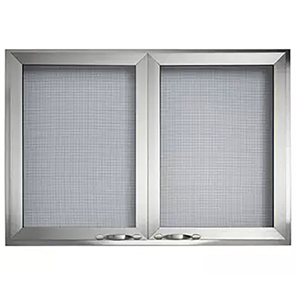 Stainless steel mesh cabinet doors with two hinged panels and metal frame