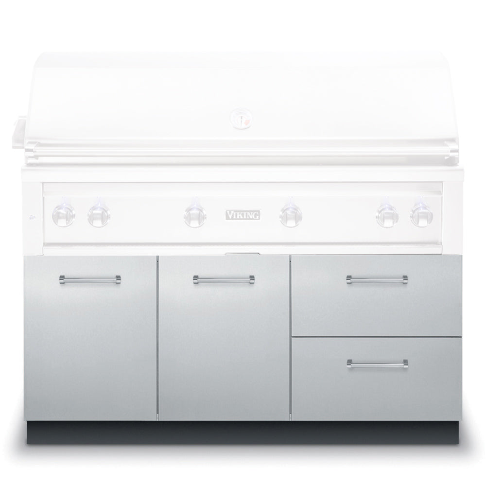 Stainless steel grill base with cabinet doors, drawers, and control knobs