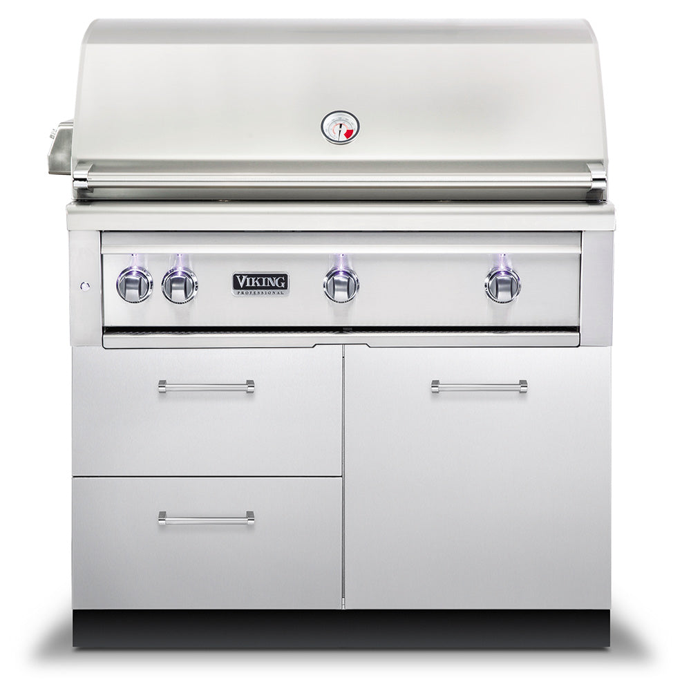 Stainless steel gas grill with front control knobs and thermometer on closed lid