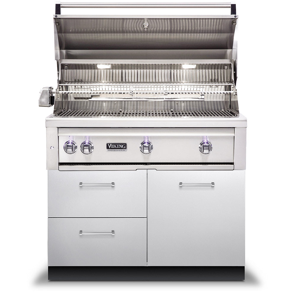 Stainless steel gas grill with open lid, front burners, and control knobs