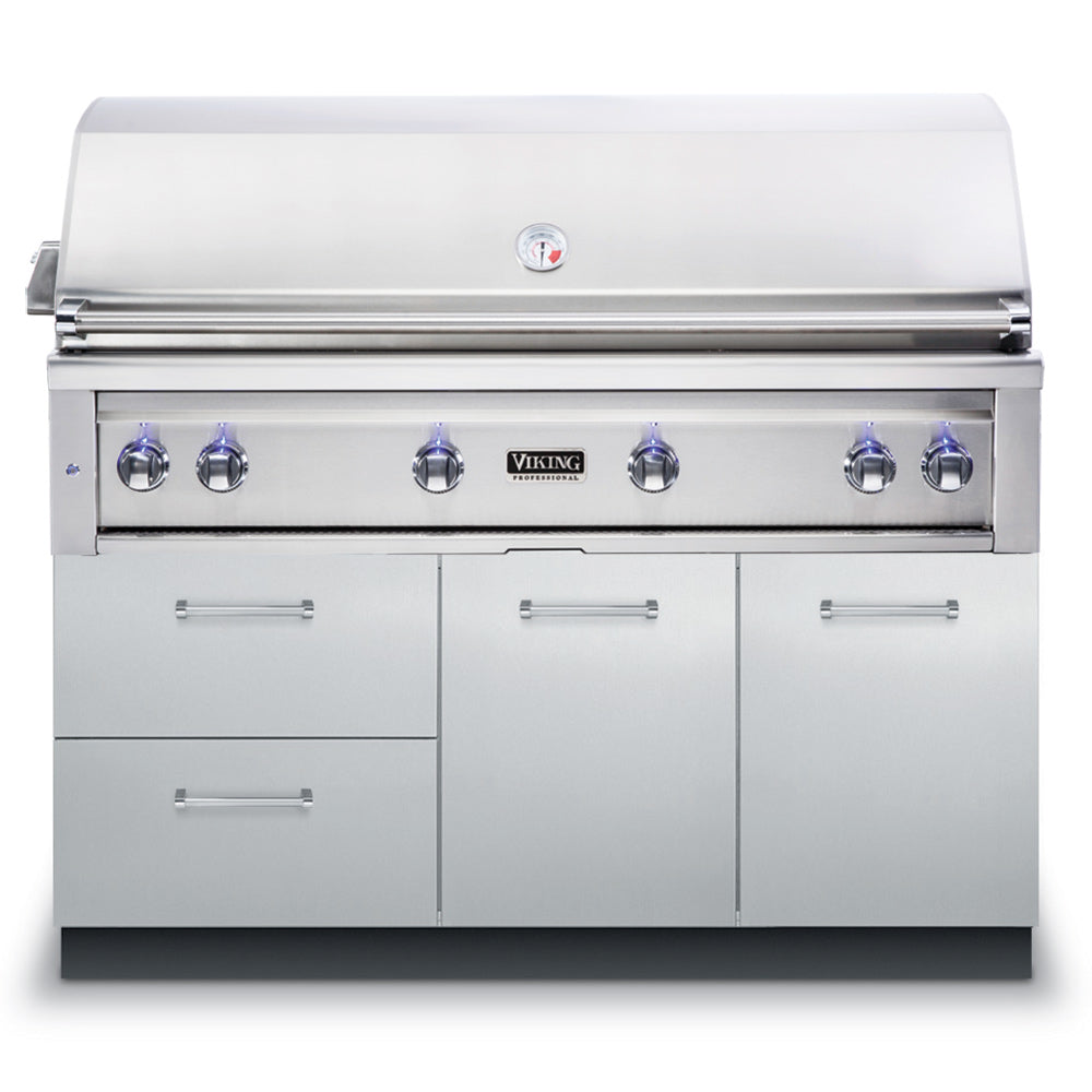 Stainless steel gas grill with front control knobs and storage doors