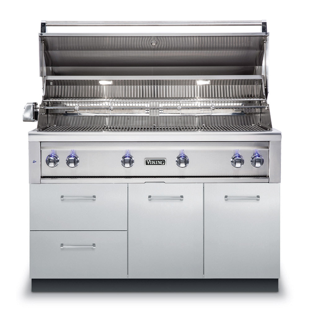Stainless steel gas grill with open hood, cooking grates, and front burner knobs