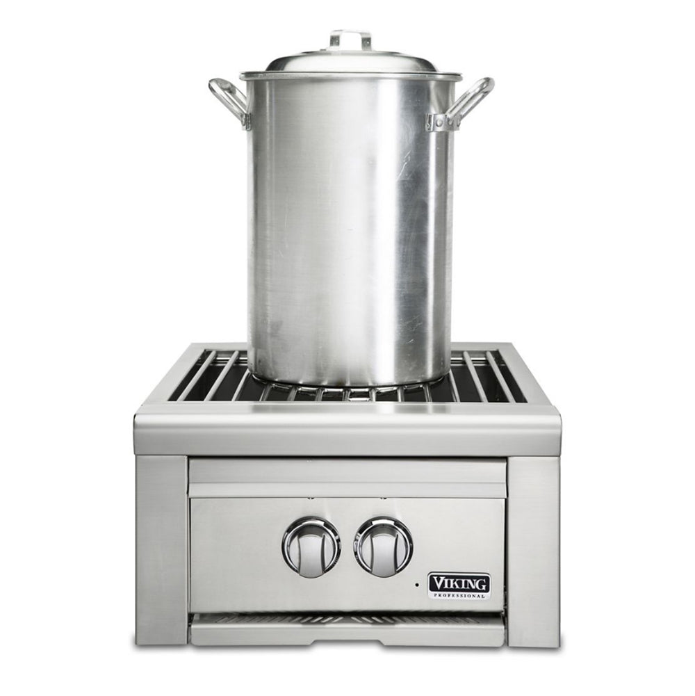 Built-in gas power burner with grate and two control knobs, with pot on top