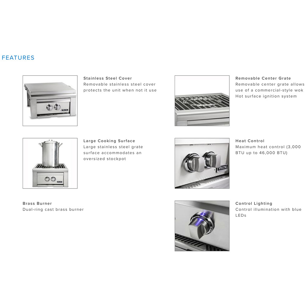 Gas burner features chart showing labeled cover, removable center grate, and heat control