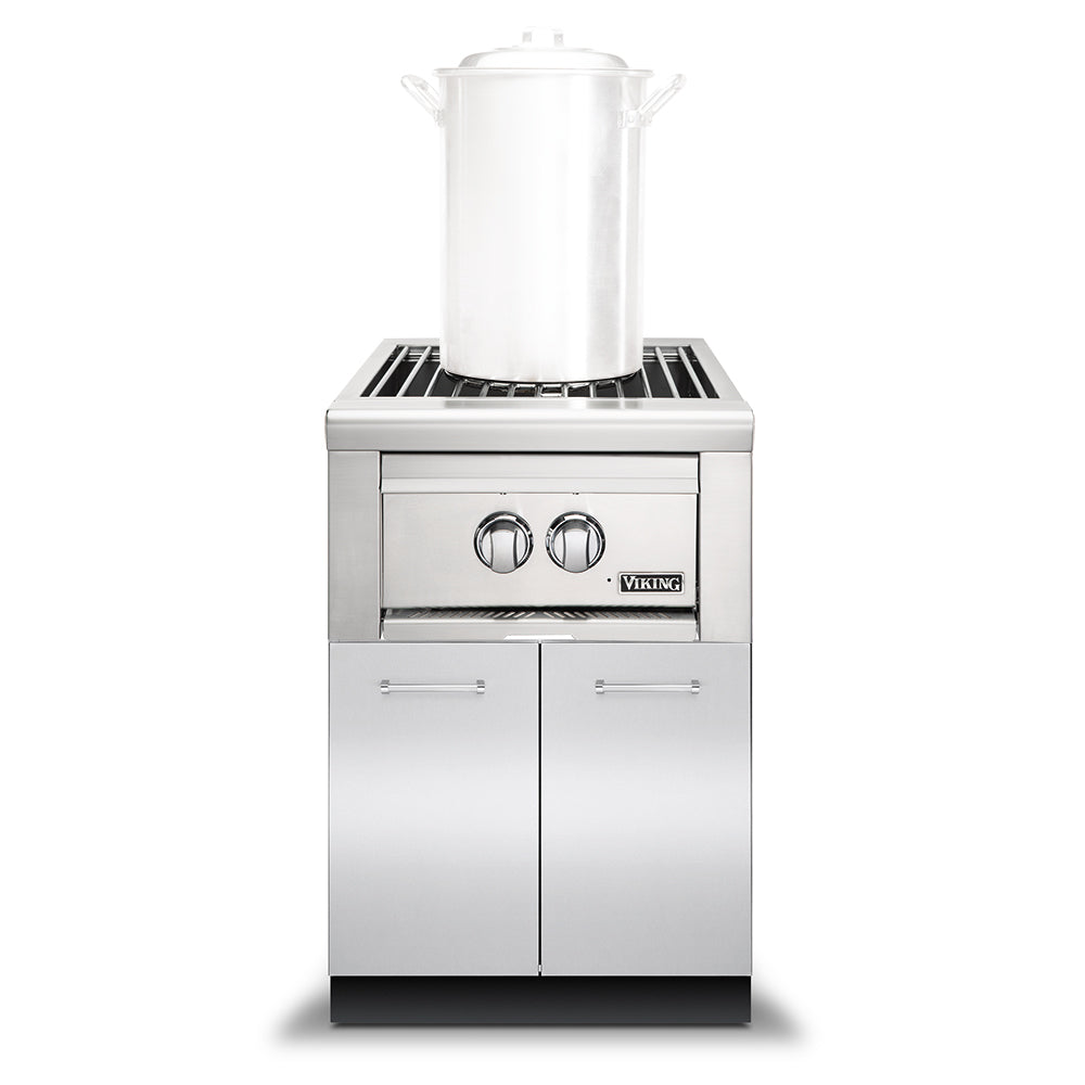 Stainless steel gas power burner with two knobs and warming grate, front view