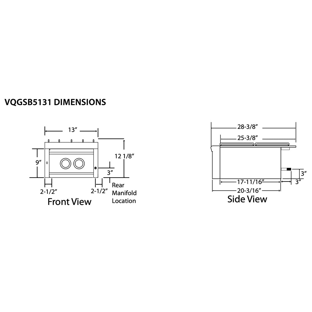 Gas double side burner dimensions diagram with front and side view measurements