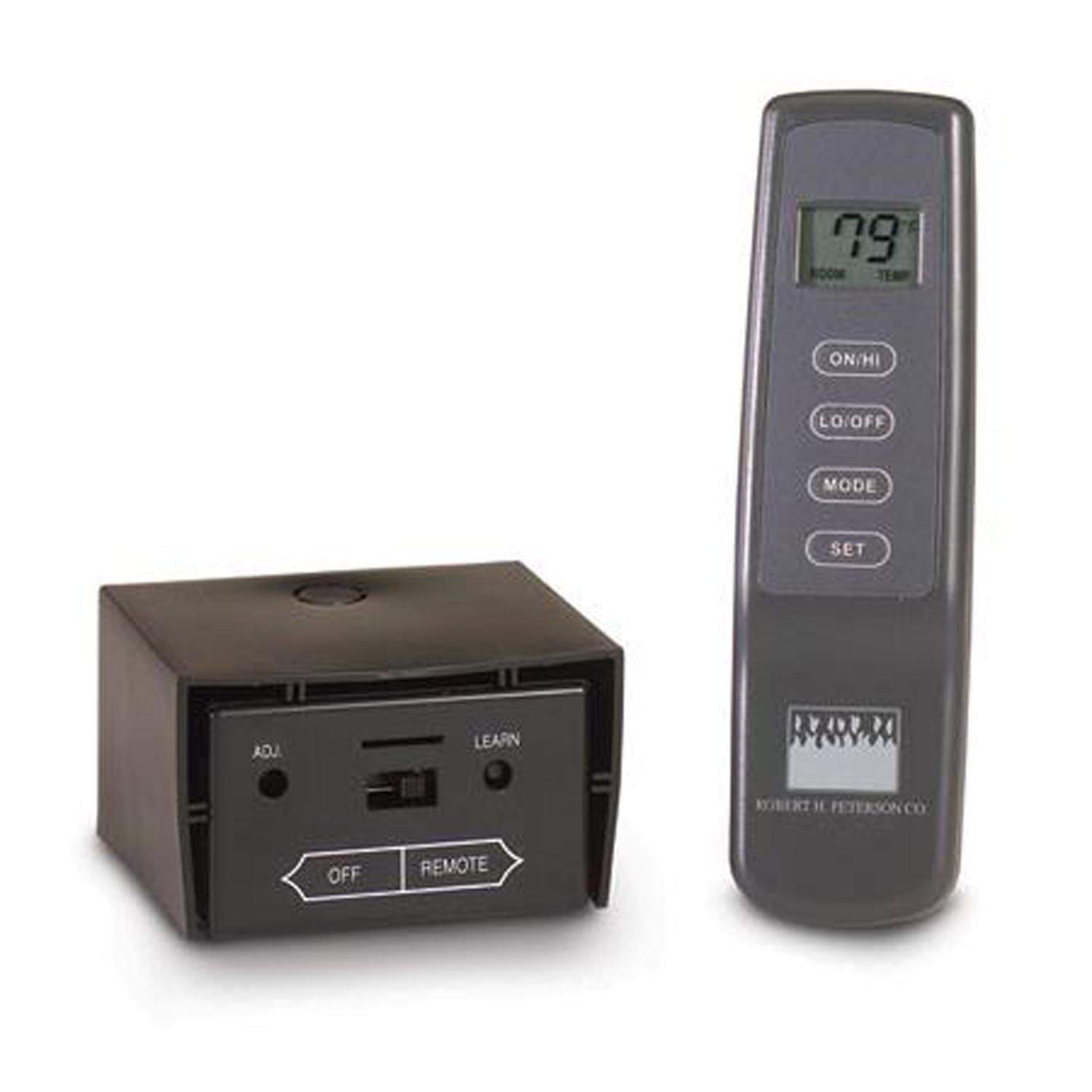 Fireplace remote control with thermostat and matching receiver module, black