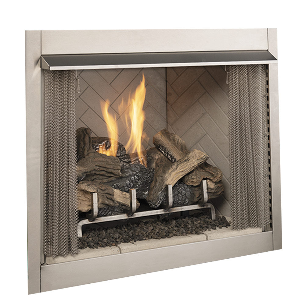 Vent-free outdoor gas fireplace with burning log set behind metal mesh frame