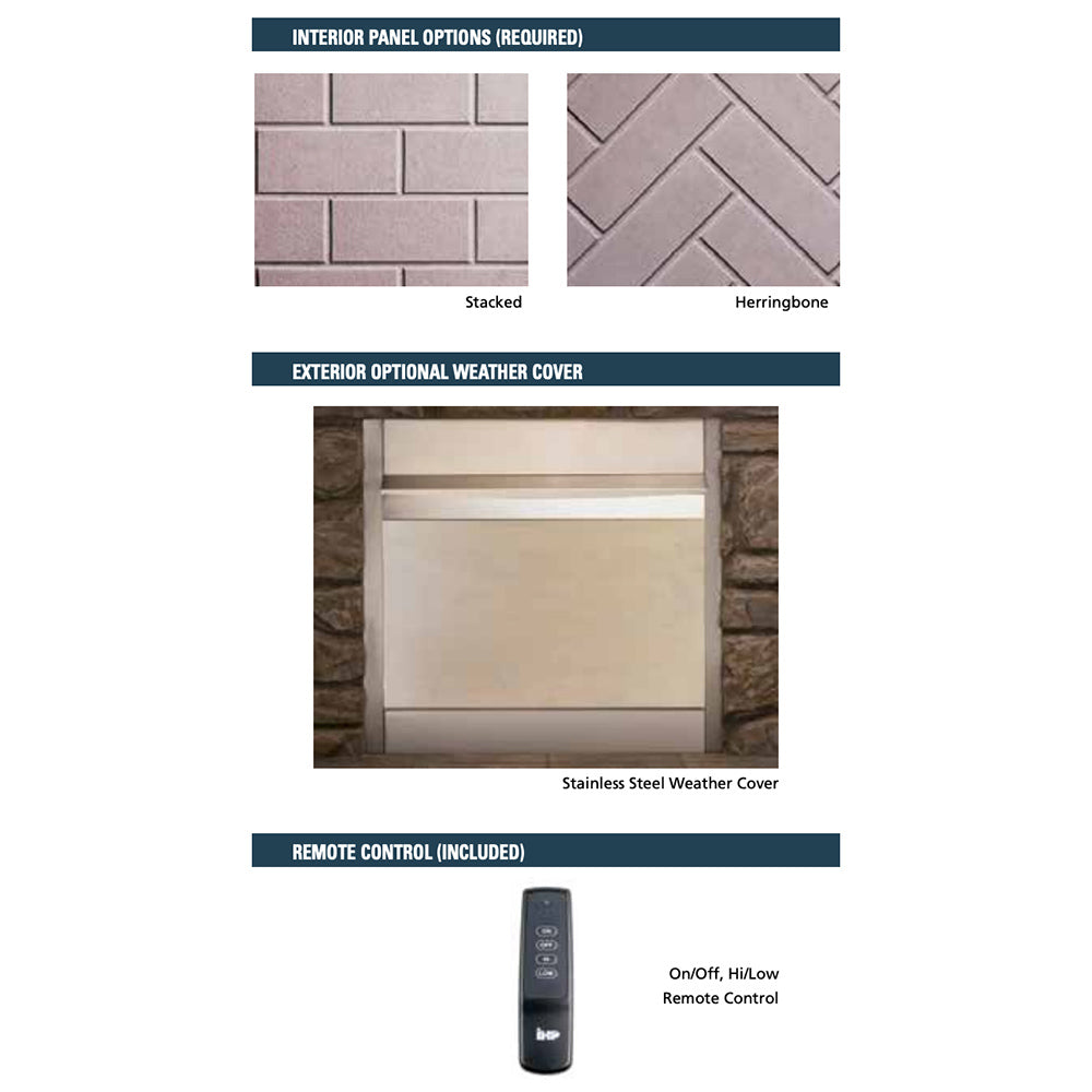 Remote control and interior panel pattern options for vent-free outdoor gas fireplace