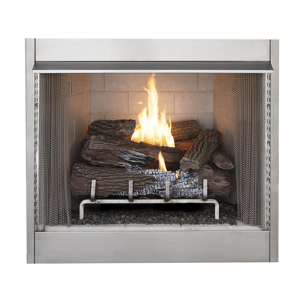 Vent-free gas firebox front view with metal surround, burning log set and flames