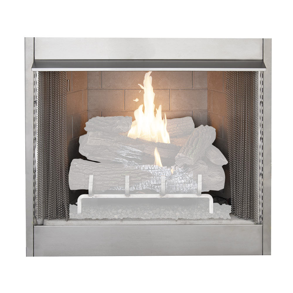 36-inch vent-free outdoor firebox with lit burner logs
