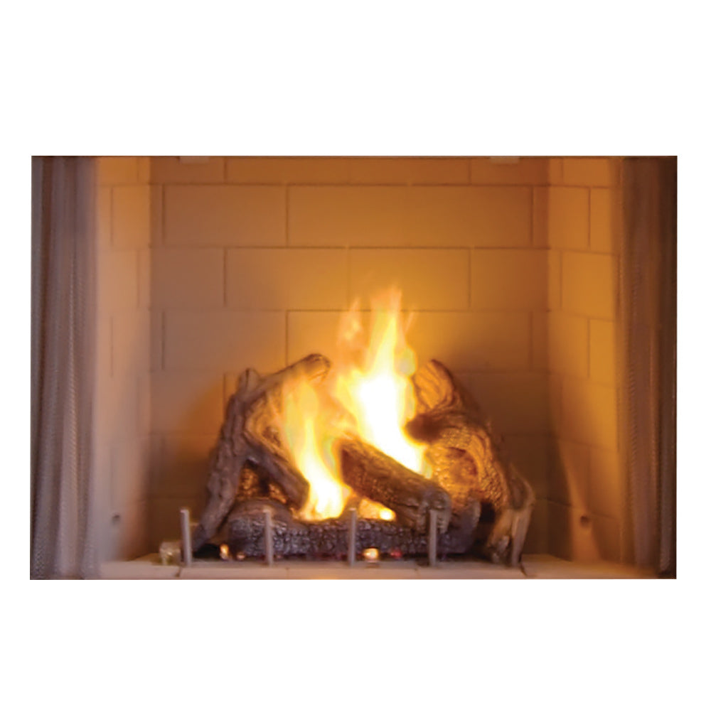 Vent-free outdoor gas fireplace with flame and log set in stone surround