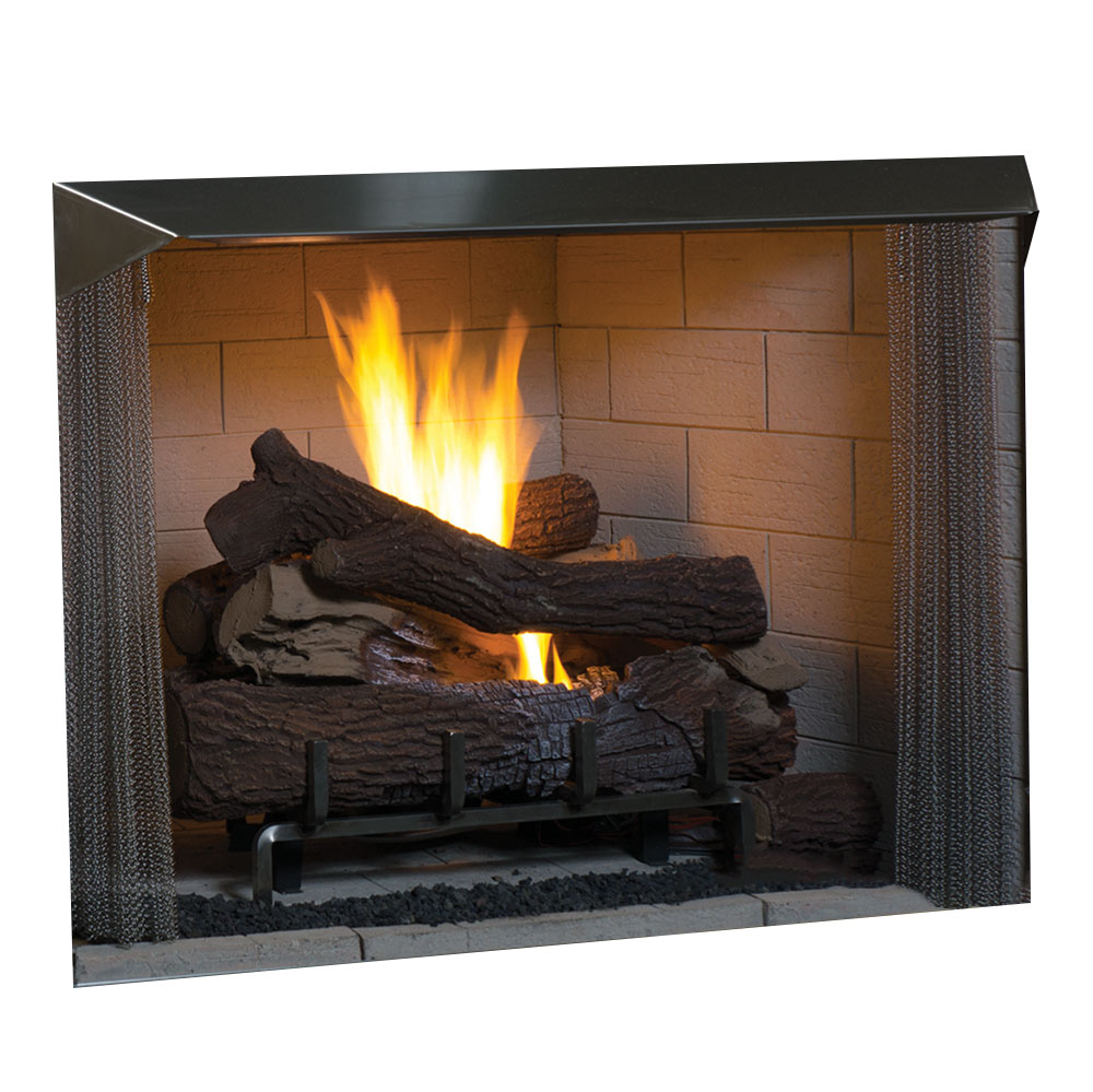 Vent-free gas firebox with glowing log set and mesh side screens